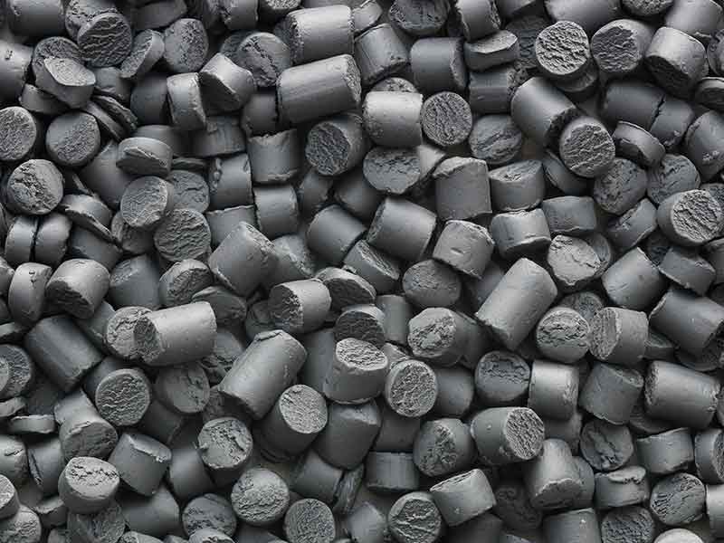 With polyamide compounding technology produced dark grey raw mass chuncks.