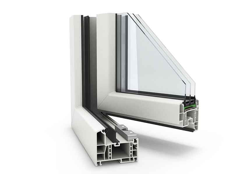 A PVC window frame from rigid PVC demonstrates the use of PVC-U produced in a compounding machinery